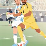 Two soccer players chase the ball on a green field a yellow clad goalkeeper and a blue and white defender contest a multi colored ball with a crowded stadium in the background