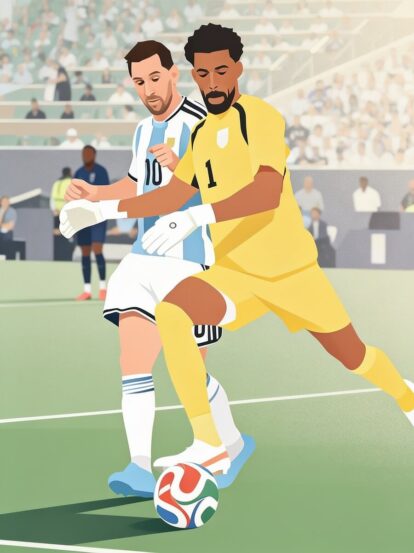Two soccer players chase the ball on a green field; a yellow-clad goalkeeper and a blue-and-white defender contest a multi-colored ball with a crowded stadium in the background.