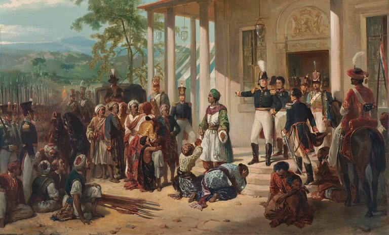 Lukisan legendaris bertajuk 'Penyerahan Pangeran Diponegoro kepada Jenderal De Kock' oleh Nicolaas Pieneman.