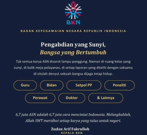 Screenshot 31 catrawarta Poster for indonesia's National Civil Service Agency (BKN) with the slogan 'Pengabdian yang Sunyi, Bangsa yang Bertumbuh' and buttons naming civil service roles: Guru, Bidan, Satpol PP, Peneliti, Perawat, Dokter, & Lainnya.