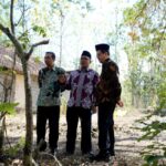 Three men in batik shirts and peci hats stand in a sunlit tree filled yard beside a small brick building talking